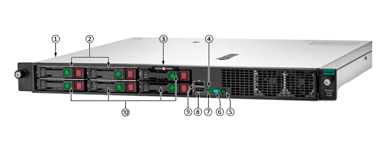 Передняя панель HPE DL20 Gen10+ с цифровыми обозначениями